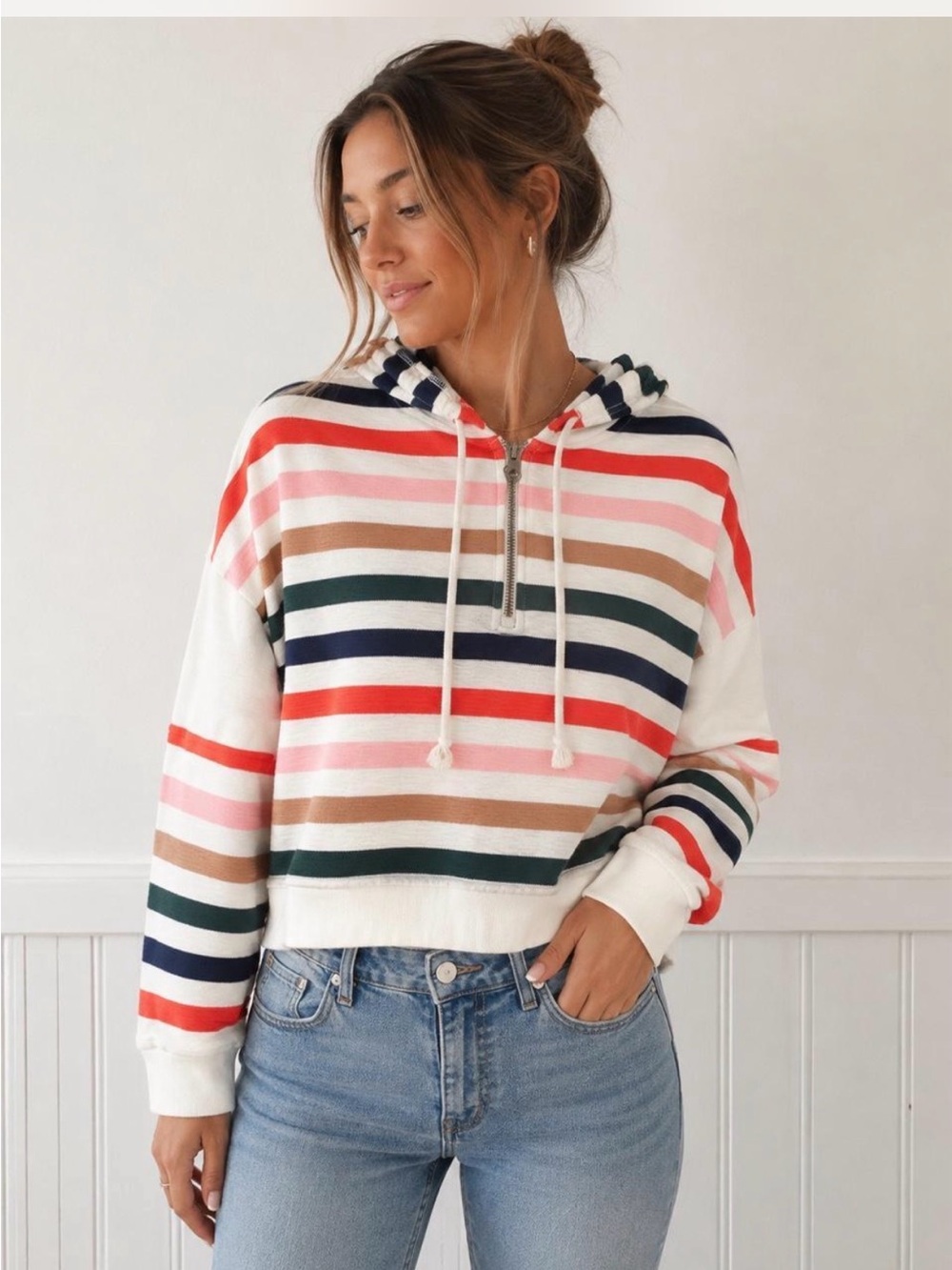 Aerie Restart  Hoodie Pullover Sweatshirt Women L Multicolor Striped  Oversized